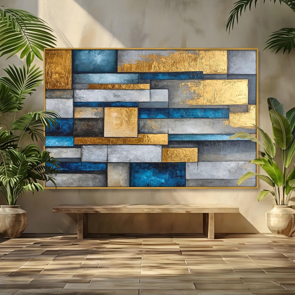 Tablou canvas cu pictura abstracta cu forme geometrice aurii, in rama de aluminiu auriu